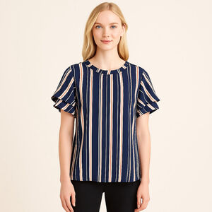 Women's Liz Claiborne Striped Ruffle Sleeve Blouse M Navy White Orange